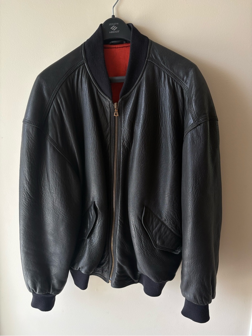 BOSS - HUGO BOSS - Black Leather Bomber Jacket with orange lining